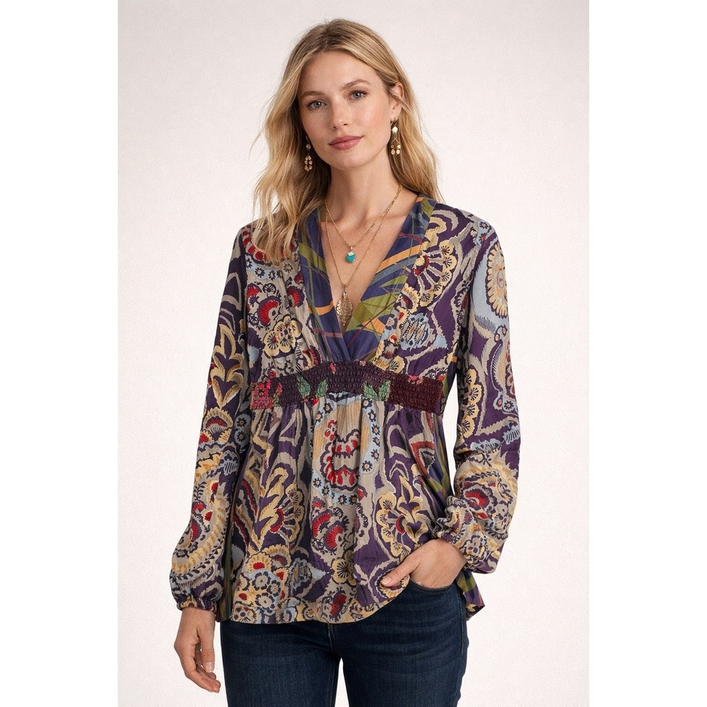 Johnny Was Silk Mixed Floral Paisley Empire Waist Tunic Top Purple Multi Medium